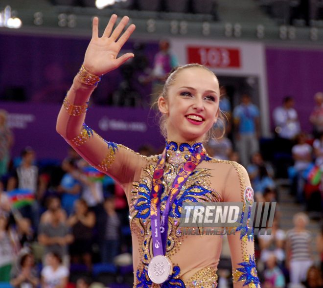 Azərbaycan gimnastı Marina Durunda Avropa Oyunlarında gümüş medal qazandı. Bakı, Azərbaycan, 21 iyun 2015 